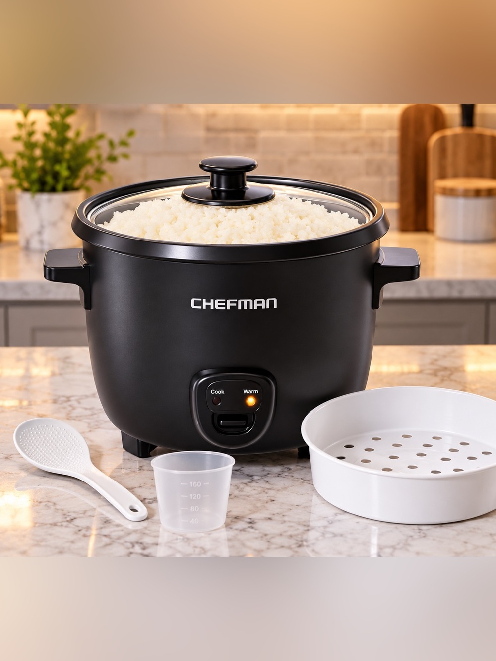 CHEFMAN Black Electric Rice Cooker with Steaming Tray